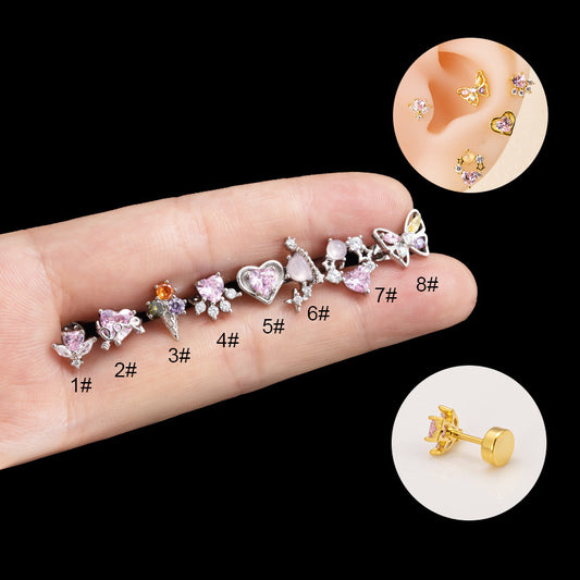 Heart-shaped Zircon Butterfly Stainless Steel Thin Rod Single Earrings