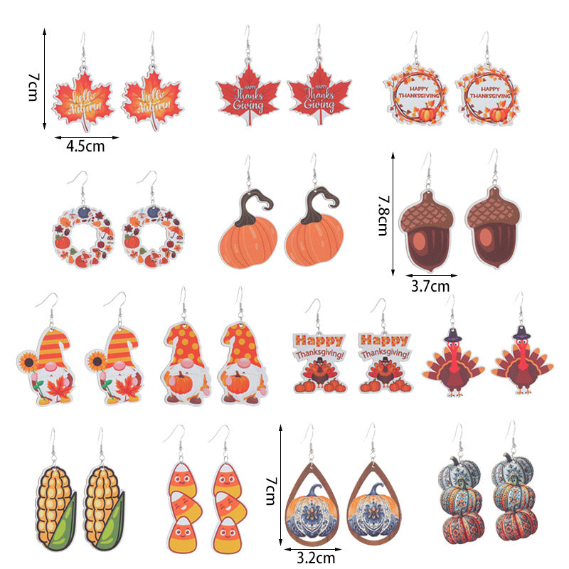 Autumn Thanksgiving Wooden Pumpkin Maple Leaf Earrings