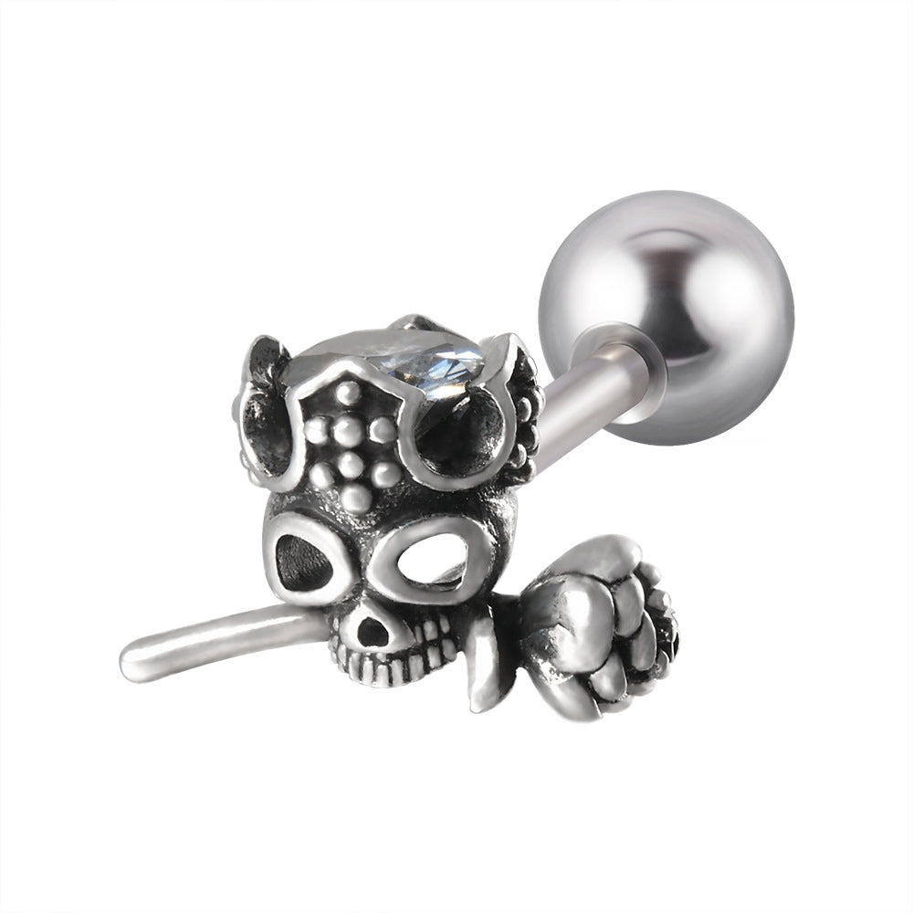 Stainless Steel Ghost Head Rose Male Thread Claw Snake-shaped Earrings