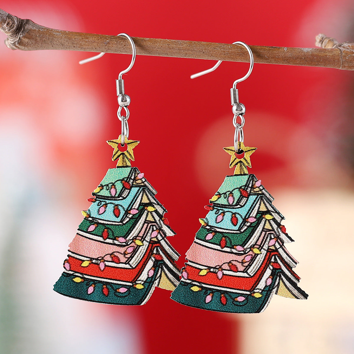 Christmas Lantern Book Tree Wooden Double-sided Earrings