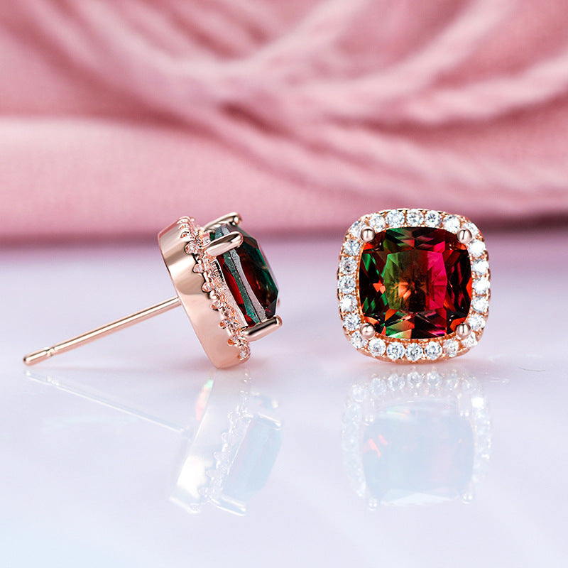 Square Full Diamond Gradient Tourmaline Ear Rings