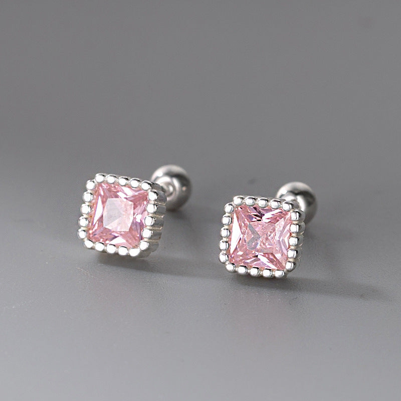 Women's Square Colorful Crystals Screw Simple Small Fine Sterling Sier Earrings