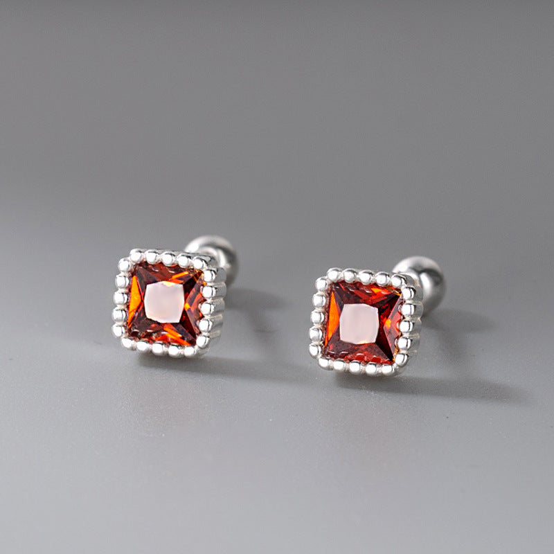 Women's Square Colorful Crystals Screw Simple Small Fine Sterling Sier Earrings