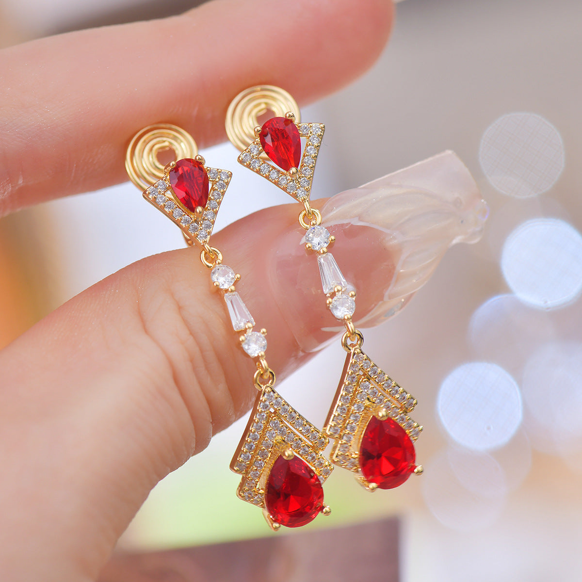 French Style Design Light Luxury Long Zircon Red Earrings