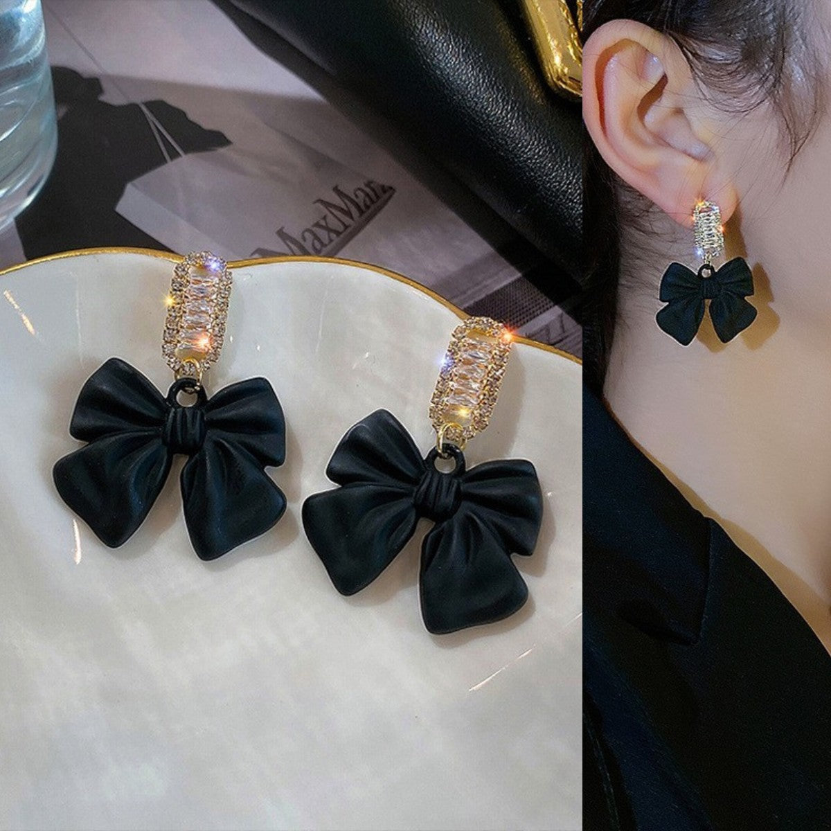 Needle Retro Black Bow Flower French Style Rhinestone Earrings