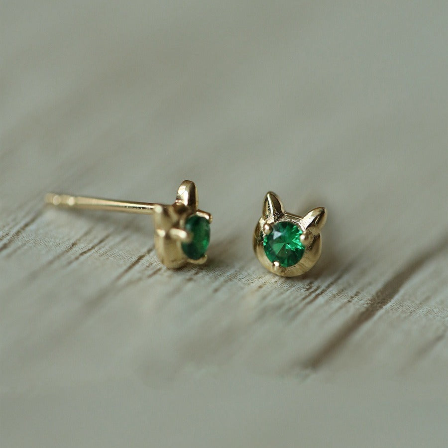 Kitty Sier Plated Emerald Zircon Cute Earrings