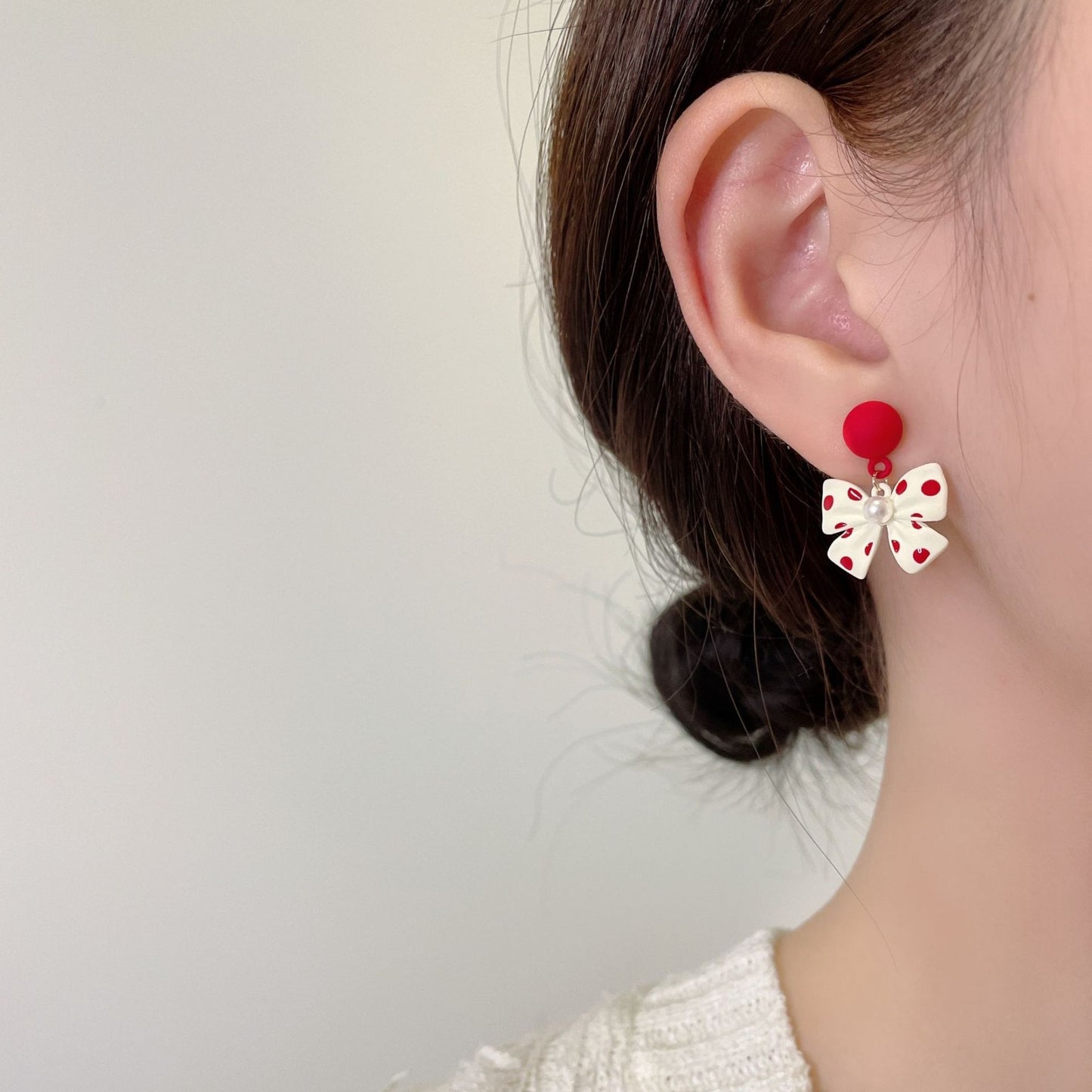 Style Sier Needle Heart Round Dot Red Bow Earrings