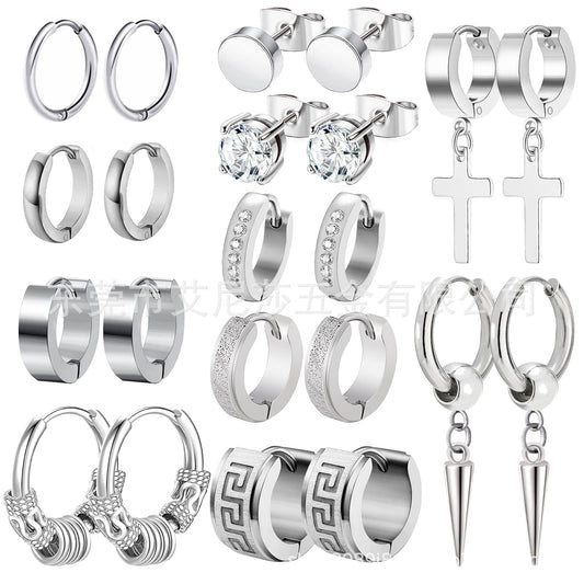 Men's Fashion Zircon Suit Stainless Steel Cross Shelf Earrings