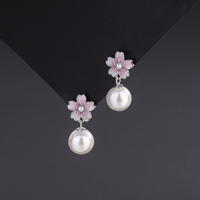 Women's Pink Cherry Blossom Ear Fresh Sweet Pearl Light Earrings