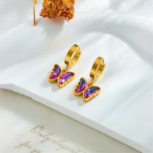 Vintage Design Colored Purple Rhinestone Butterfly Earrings