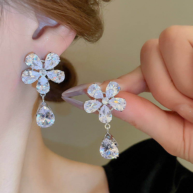 Women's Style Zircon Flower Water Drop Sier Pin Personality Super Earrings