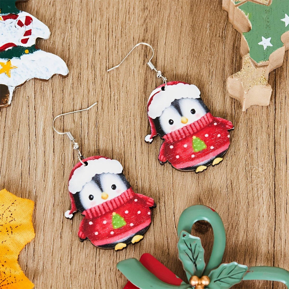 Carnival Party Cute Penguin Dwarf Wooden Earrings