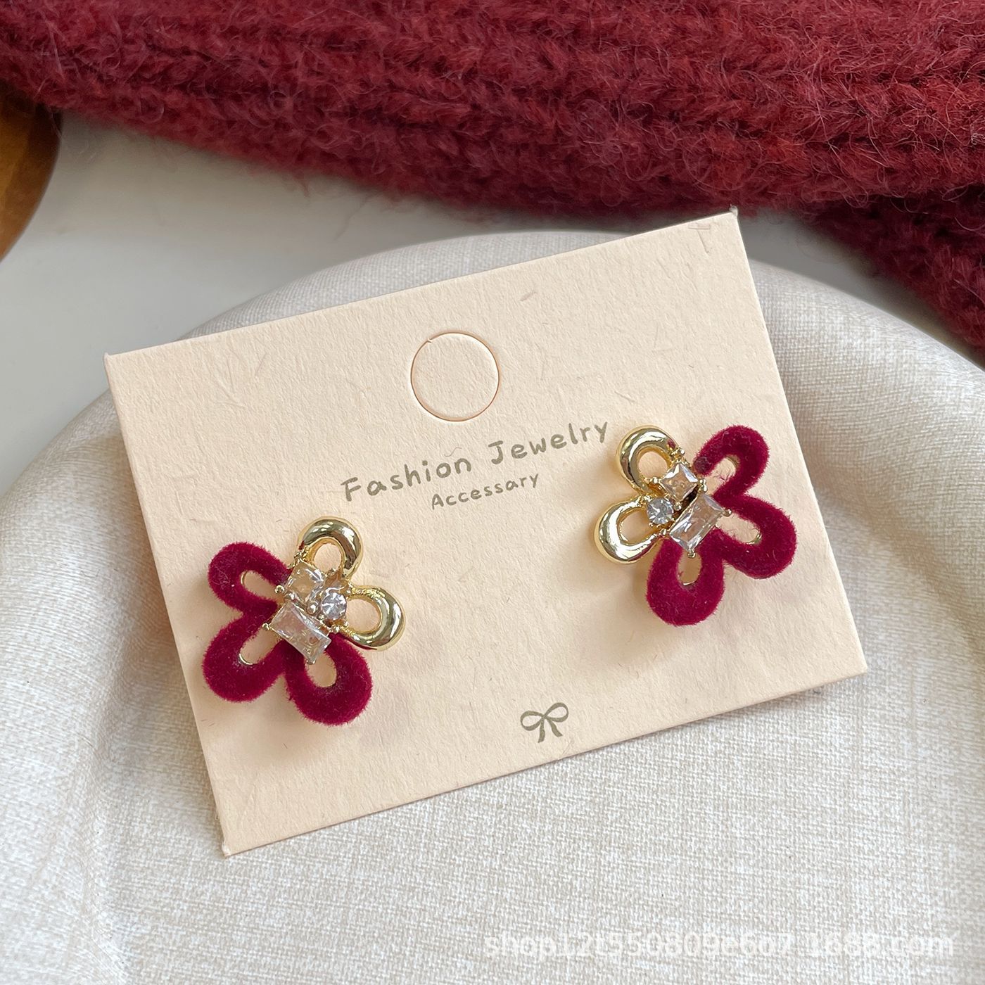 Red Flocking Bow Female Sier Needle Sweet Exquisite Earrings