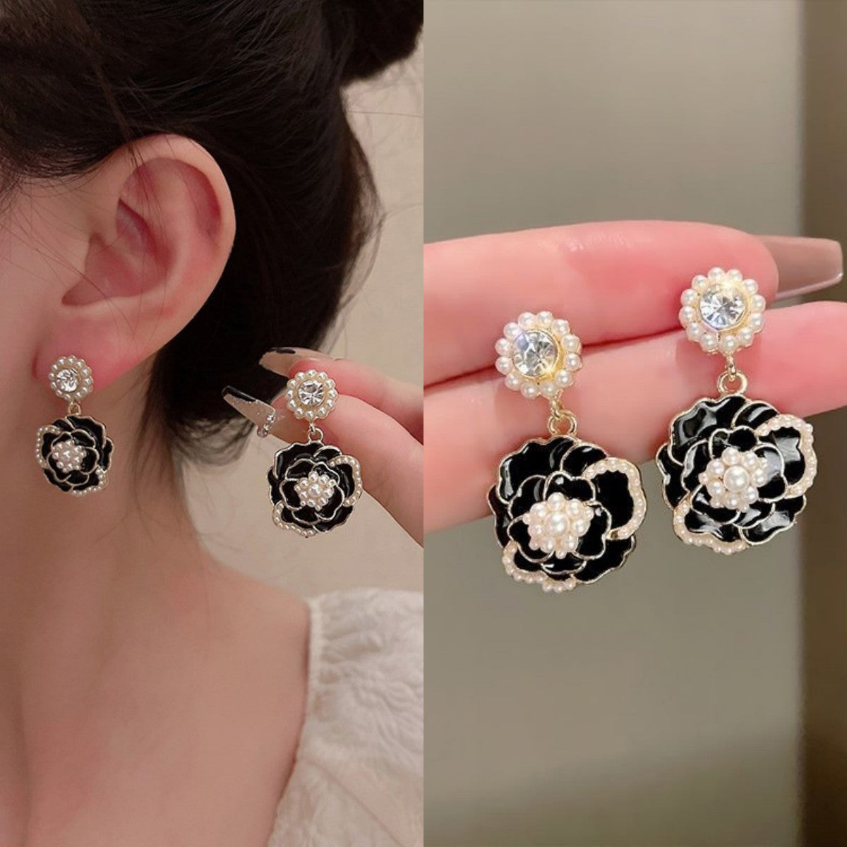 Needle Retro Black Bow Flower French Style Rhinestone Earrings