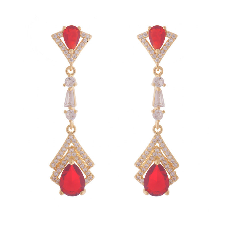 French Style Design Light Luxury Long Zircon Red Earrings