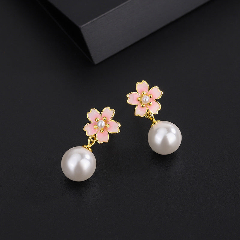 Women's Pink Cherry Blossom Ear Fresh Sweet Pearl Light Earrings