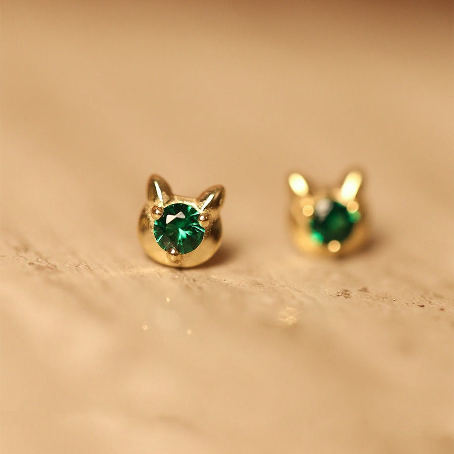 Kitty Sier Plated Emerald Zircon Cute Earrings