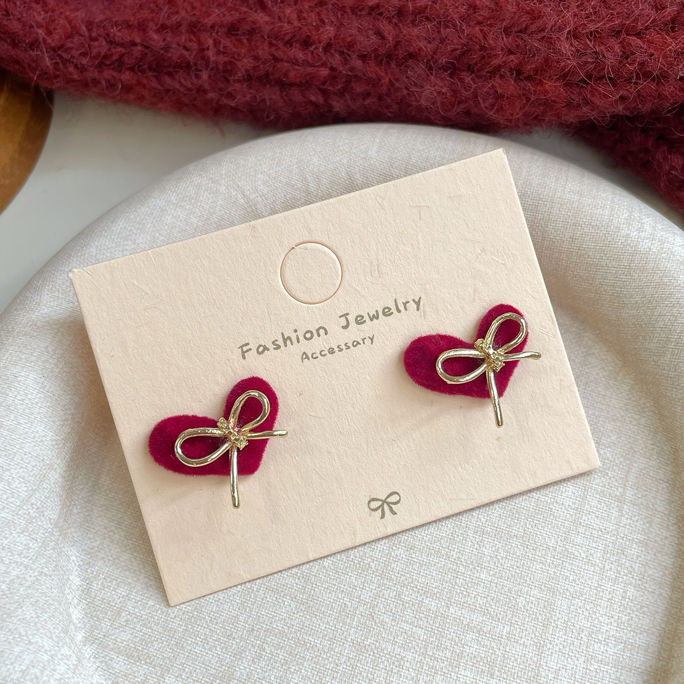 Red Flocking Bow Female Sier Needle Sweet Exquisite Earrings