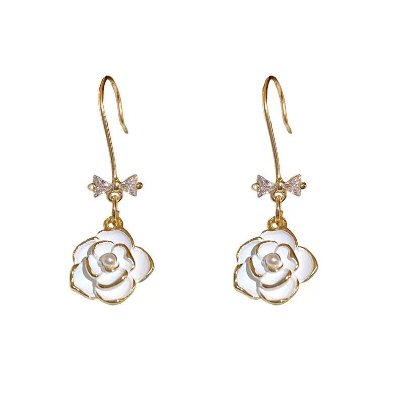 Camellia Female Bow Pearl Niche Design Earrings