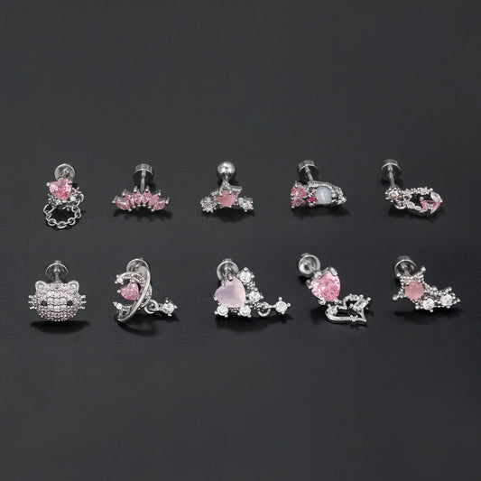 Trendy Pink Zircon Ear Bone Female Screw Earrings