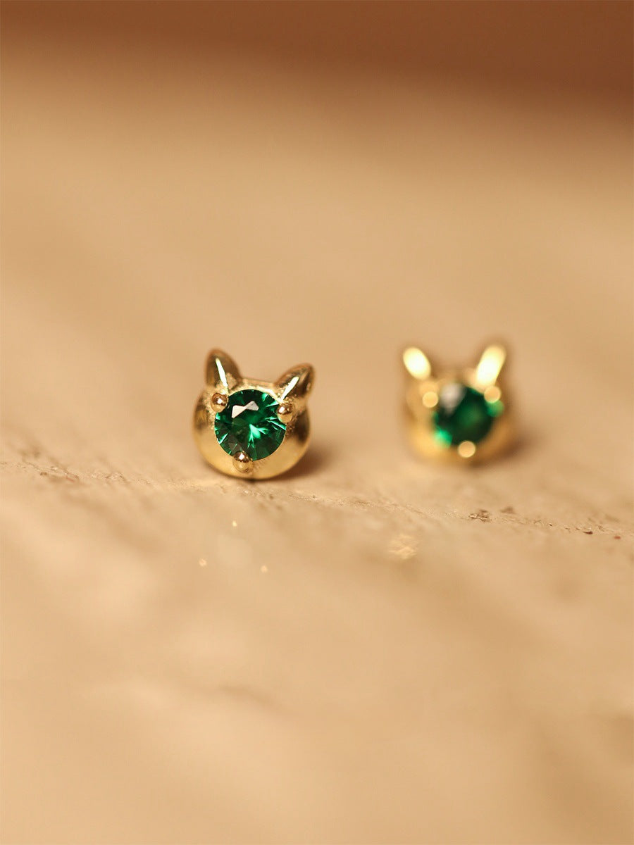 Kitty Sier Plated Emerald Zircon Cute Earrings