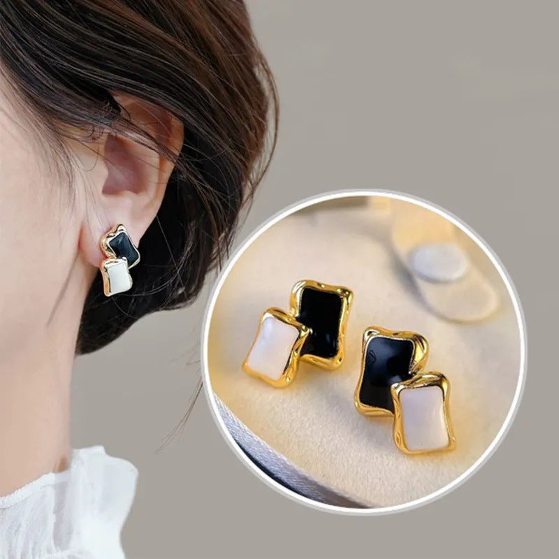 Needle Retro Black Bow Flower French Style Rhinestone Earrings