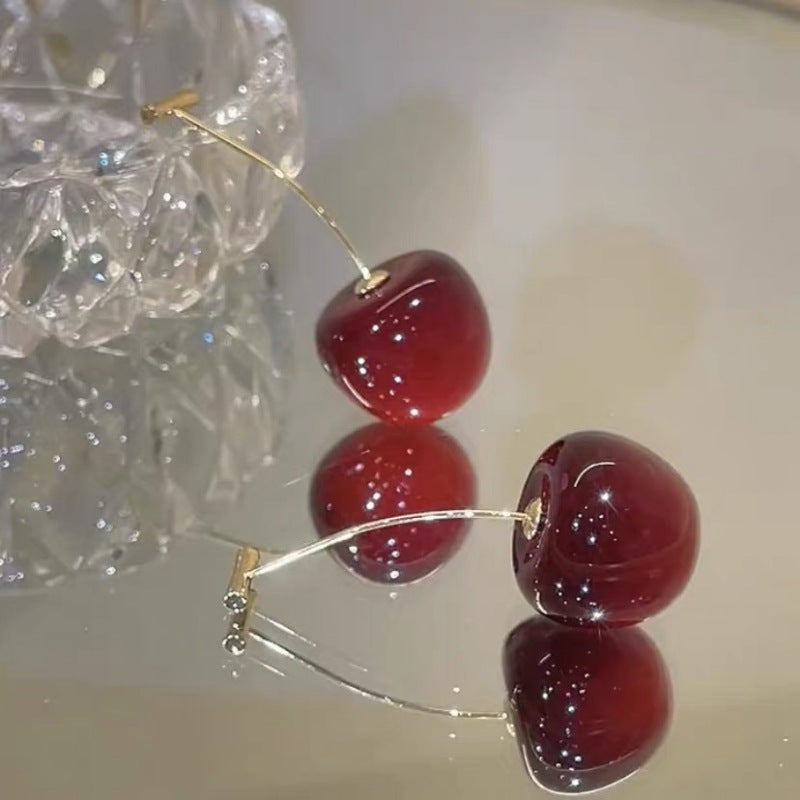 Sier High-grade Cherry Personality Long Fashion Earrings