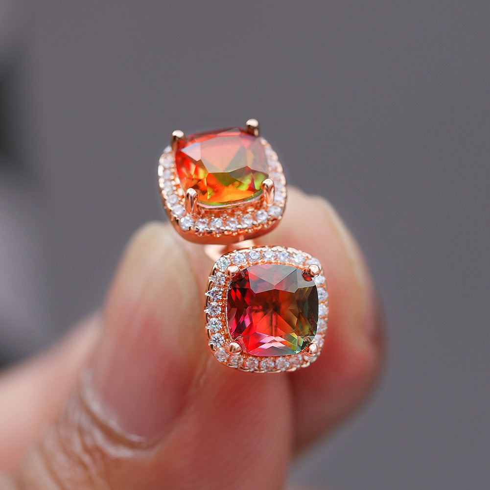 Square Full Diamond Gradient Tourmaline Ear Rings