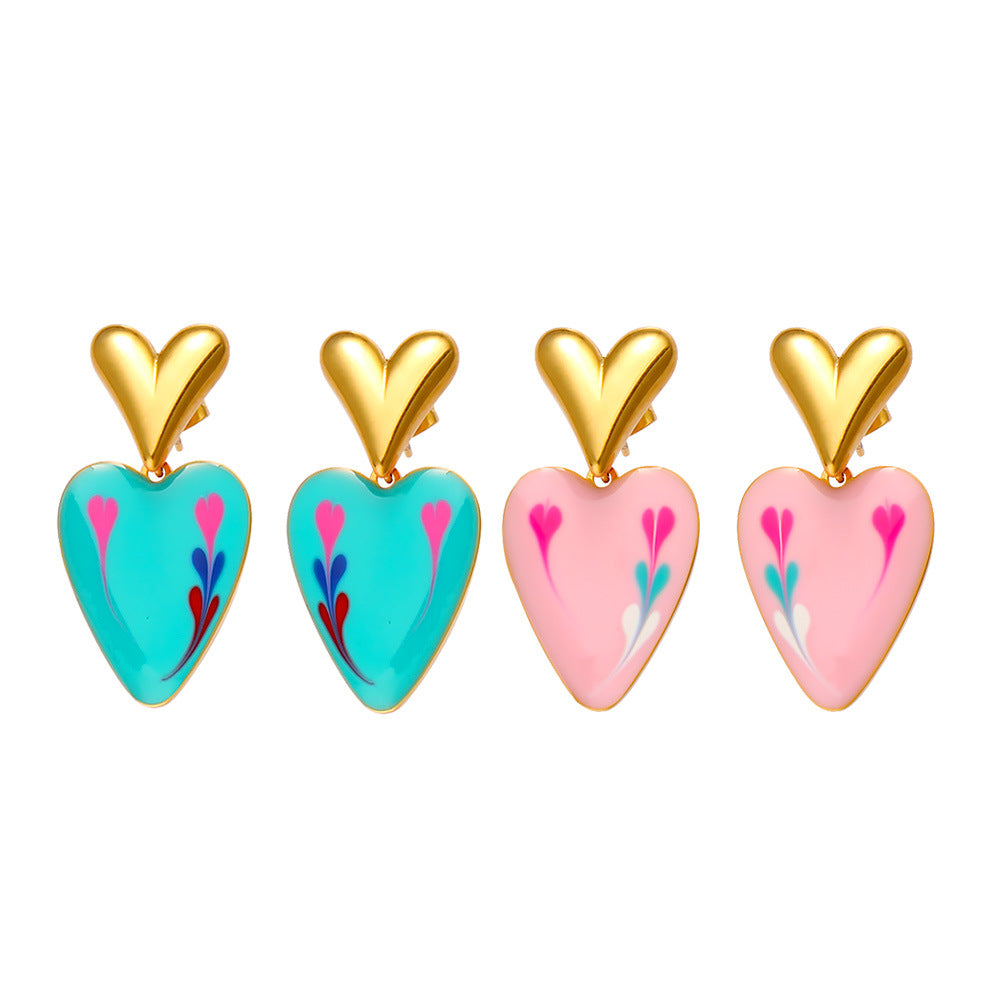 Colored Loving Heart Drop Oil Fashionable Stainless Steel Heart-shaped Earrings