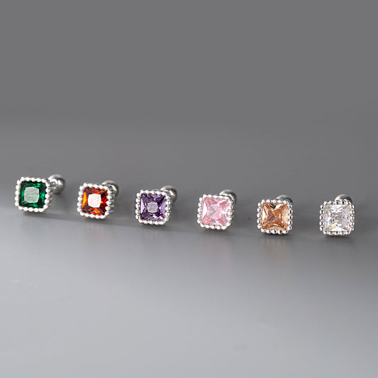 Women's Square Colorful Crystals Screw Simple Small Fine Sterling Sier Earrings