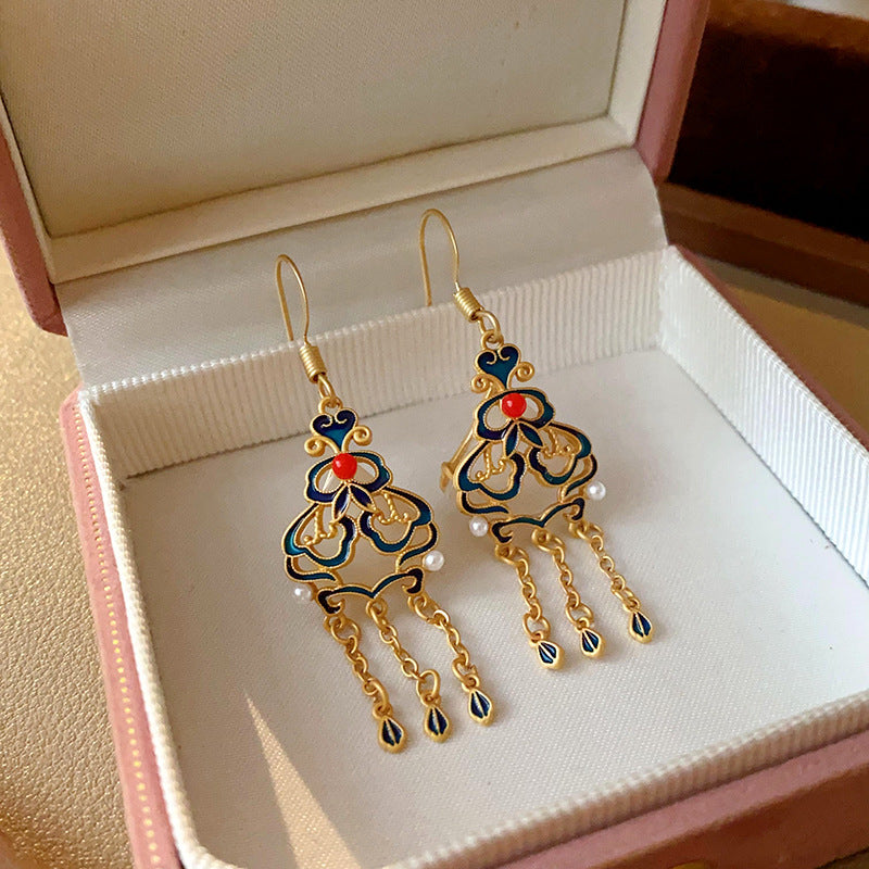 Chinese Style Sier Needle Zircon Tassel Earrings