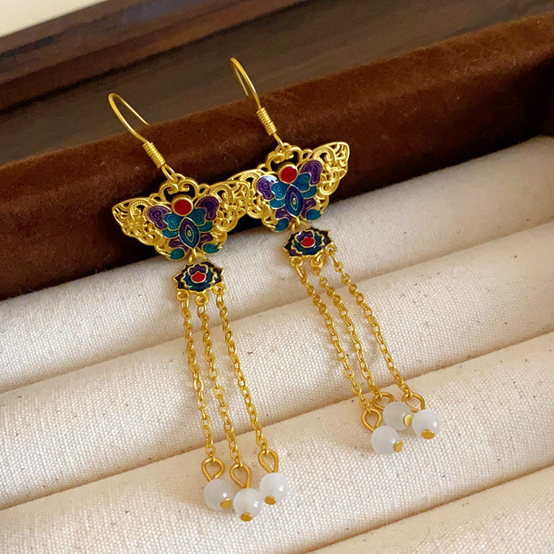 Chinese Style Sier Needle Zircon Tassel Earrings