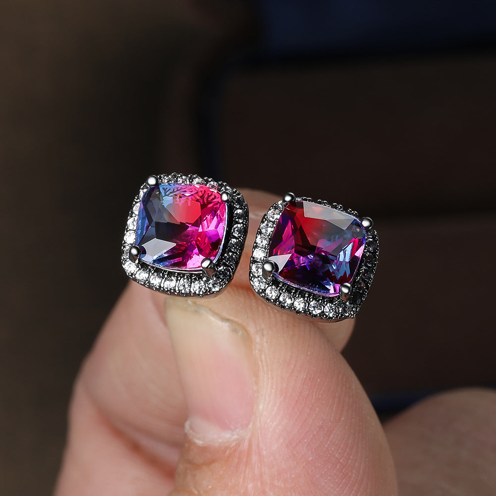 Square Full Diamond Gradient Tourmaline Ear Rings