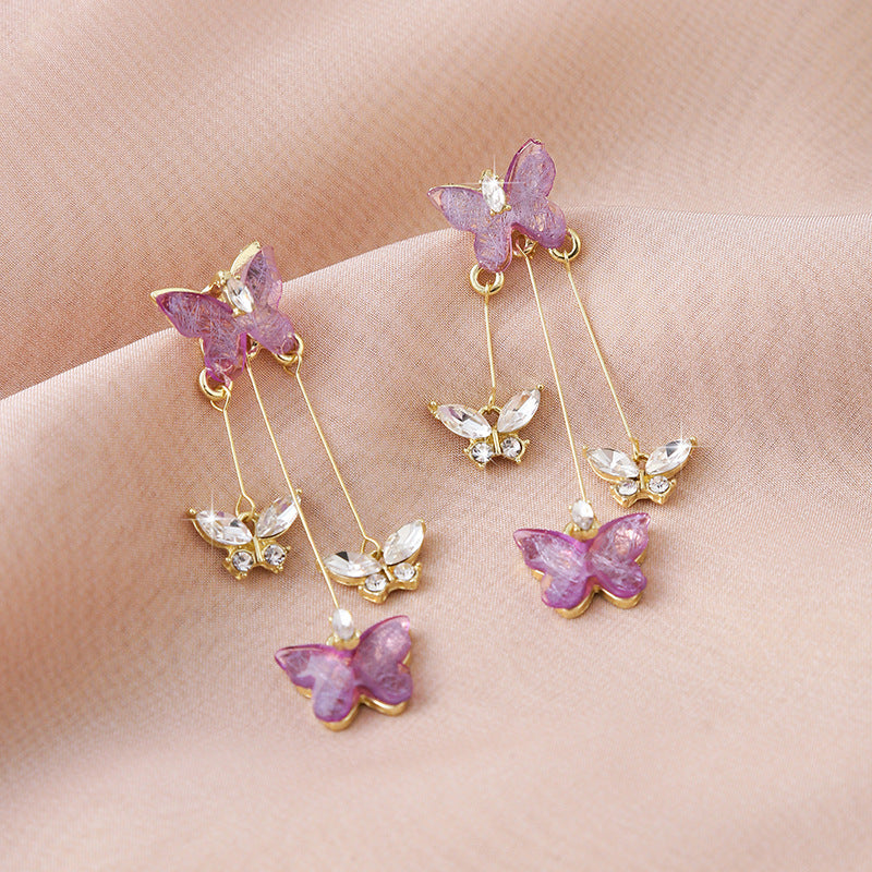 Women's Needle Purple Butterfly Tassel Light Luxury High-grade Earrings