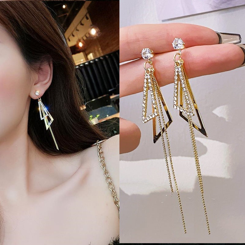 Women's Long Sier Needle Tassel Face Slimming Earrings