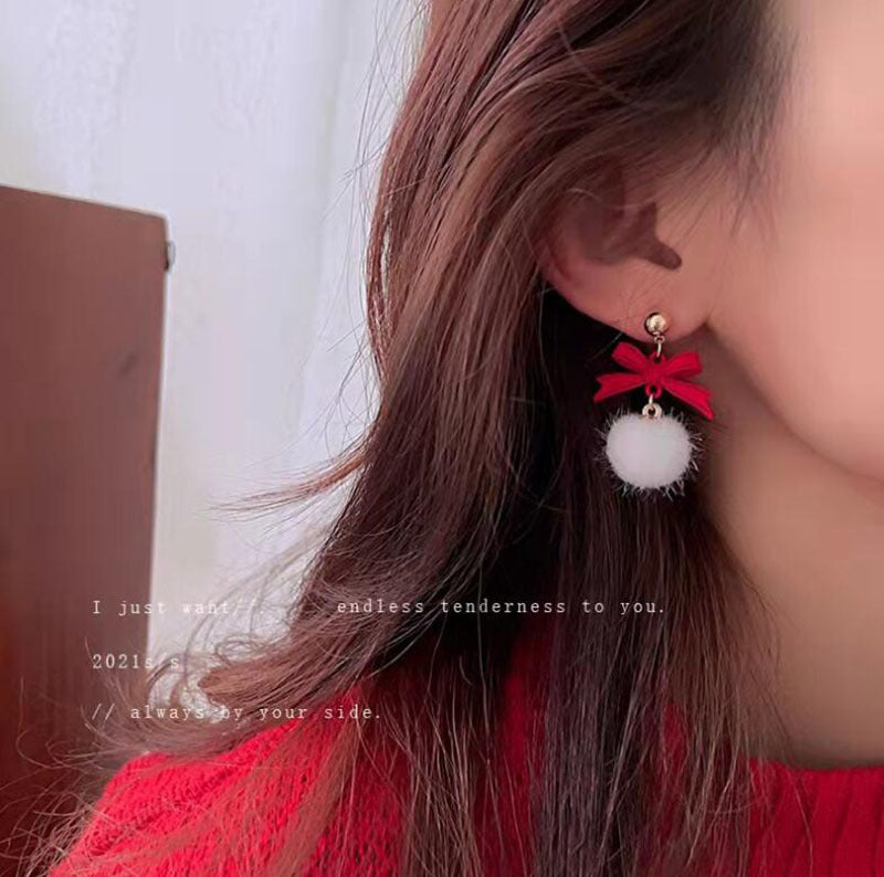 Sier Bow Fluffy Ball Elegant High-grade Earrings