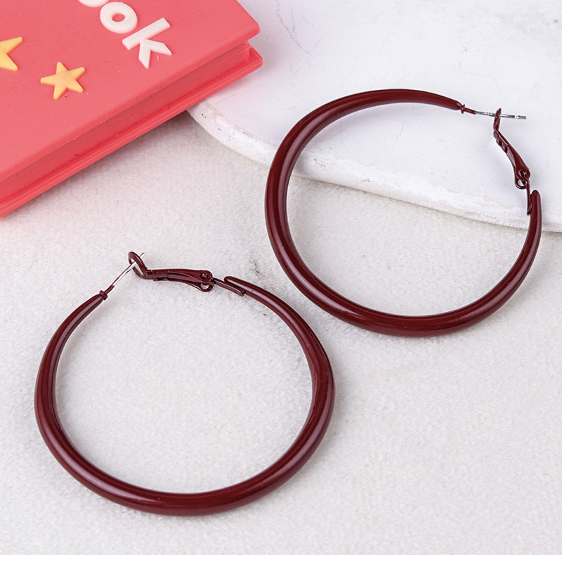 Women's Wine Red Big Hoop Vintage Metal Earrings