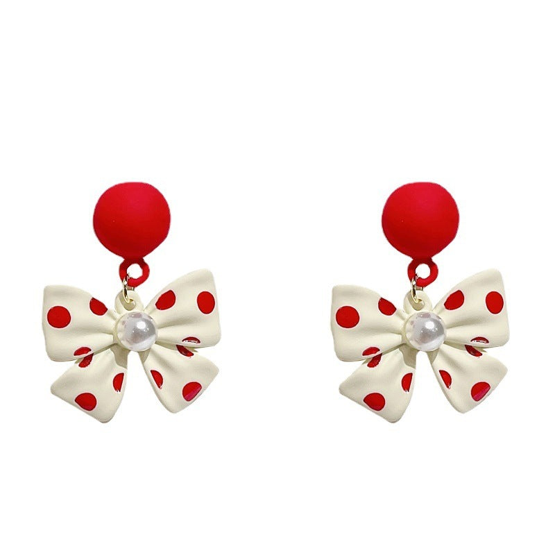 Style Sier Needle Heart Round Dot Red Bow Earrings