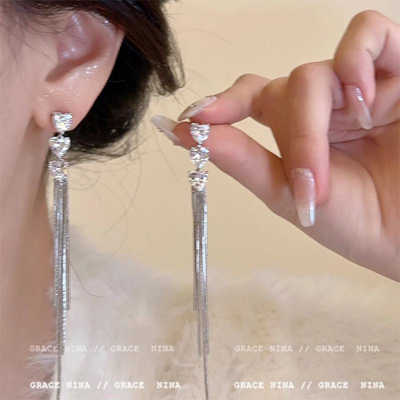 Korean Style Rhinestone Exquisite Tassel High Earrings