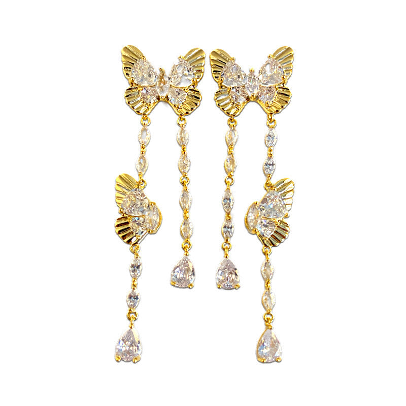 Women's Personality Butterfly Tassel Sier Needle Face Slimming Earrings