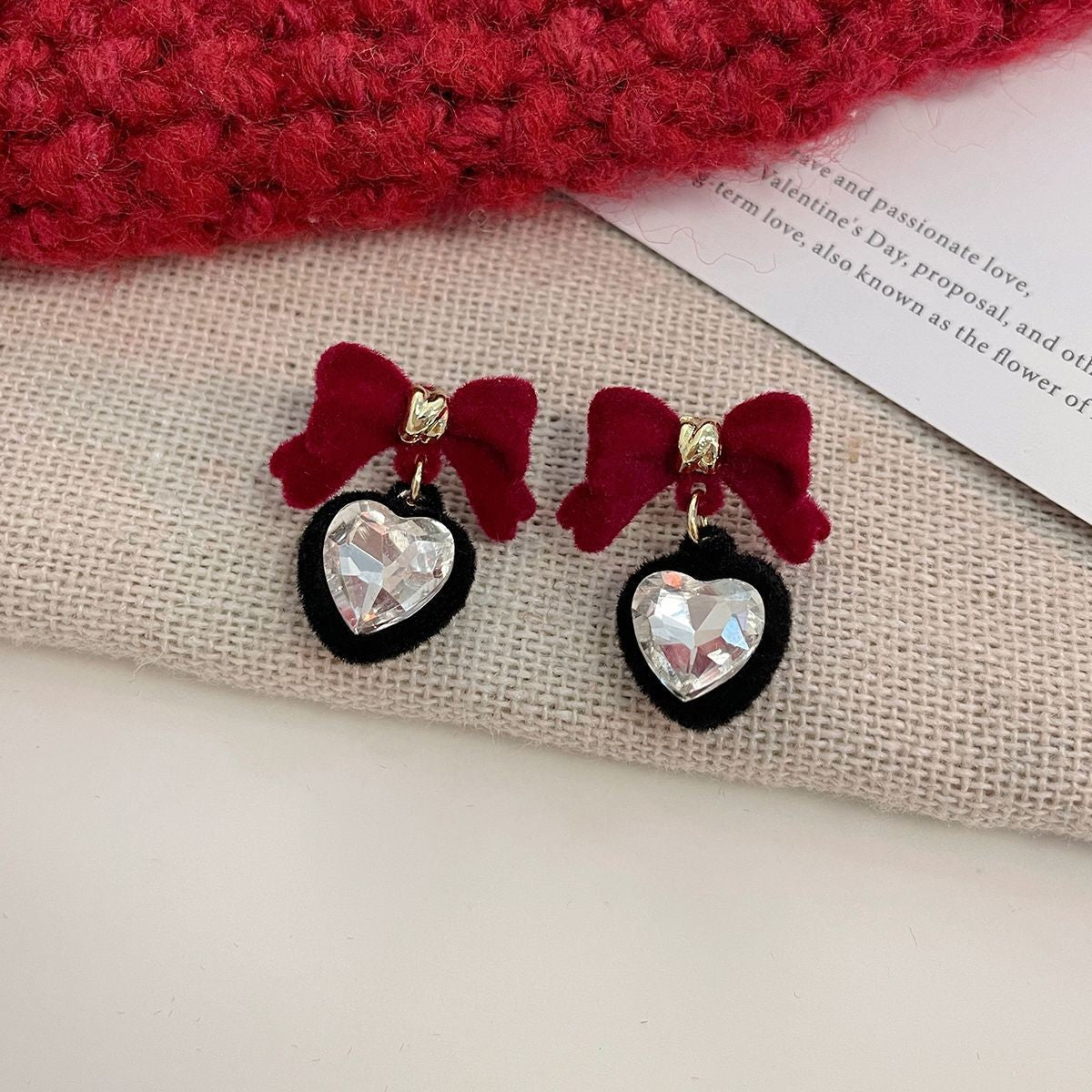 Red Flocking Bow Female Sier Needle Sweet Exquisite Earrings