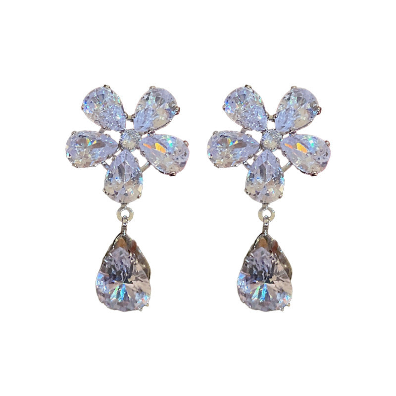 Women's Style Zircon Flower Water Drop Sier Pin Personality Super Earrings