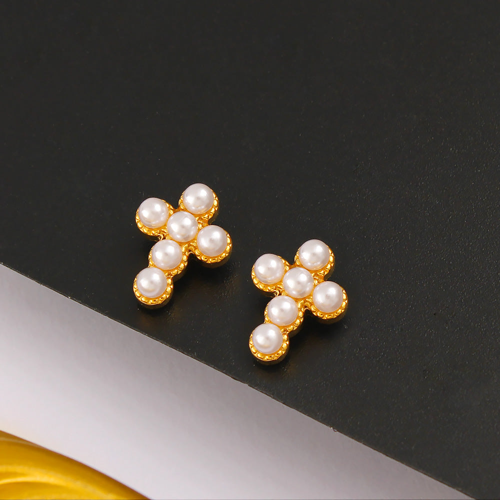 Vintage Pearl Zircon Stainless Steel Gold Elegant Graceful Niche Earrings