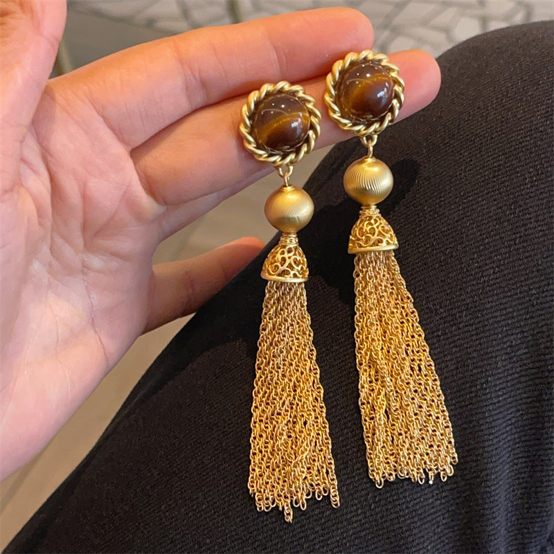 Minority Design Tigereye Long Fringe Plated Earrings