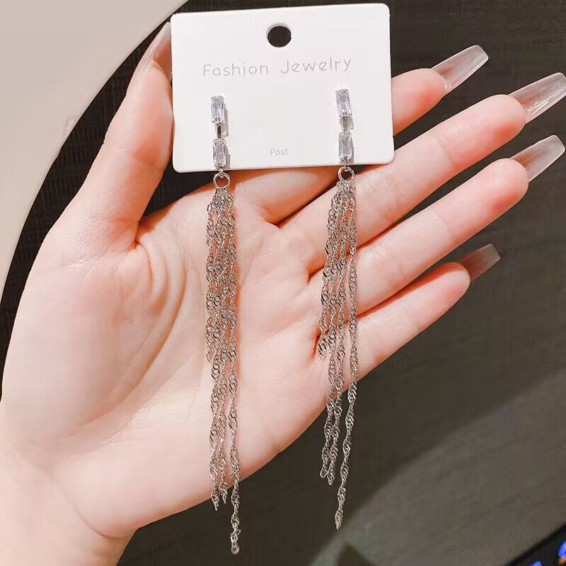 Women's Long Sier Needle Tassel Face Slimming Earrings