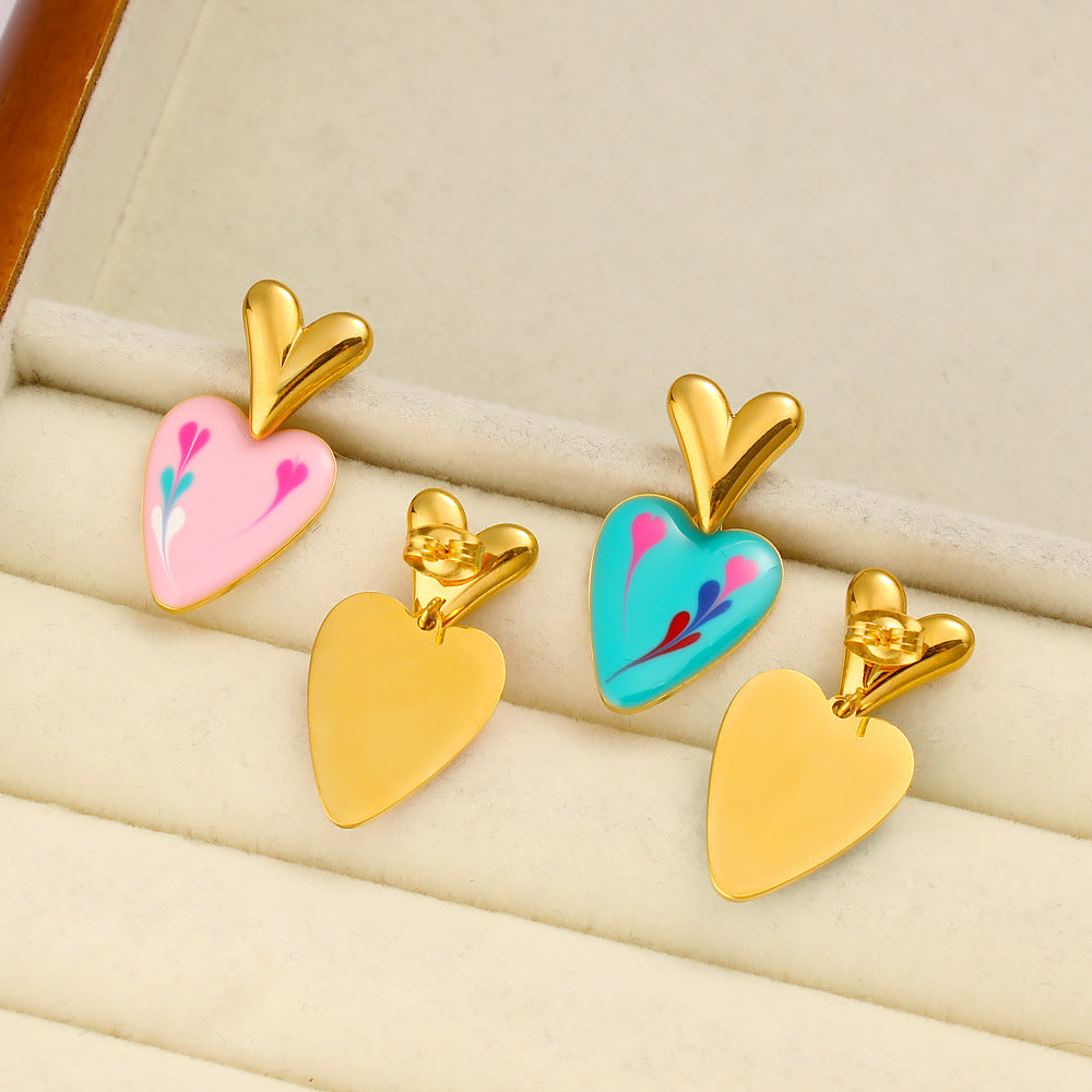 Colored Loving Heart Drop Oil Fashionable Stainless Steel Heart-shaped Earrings