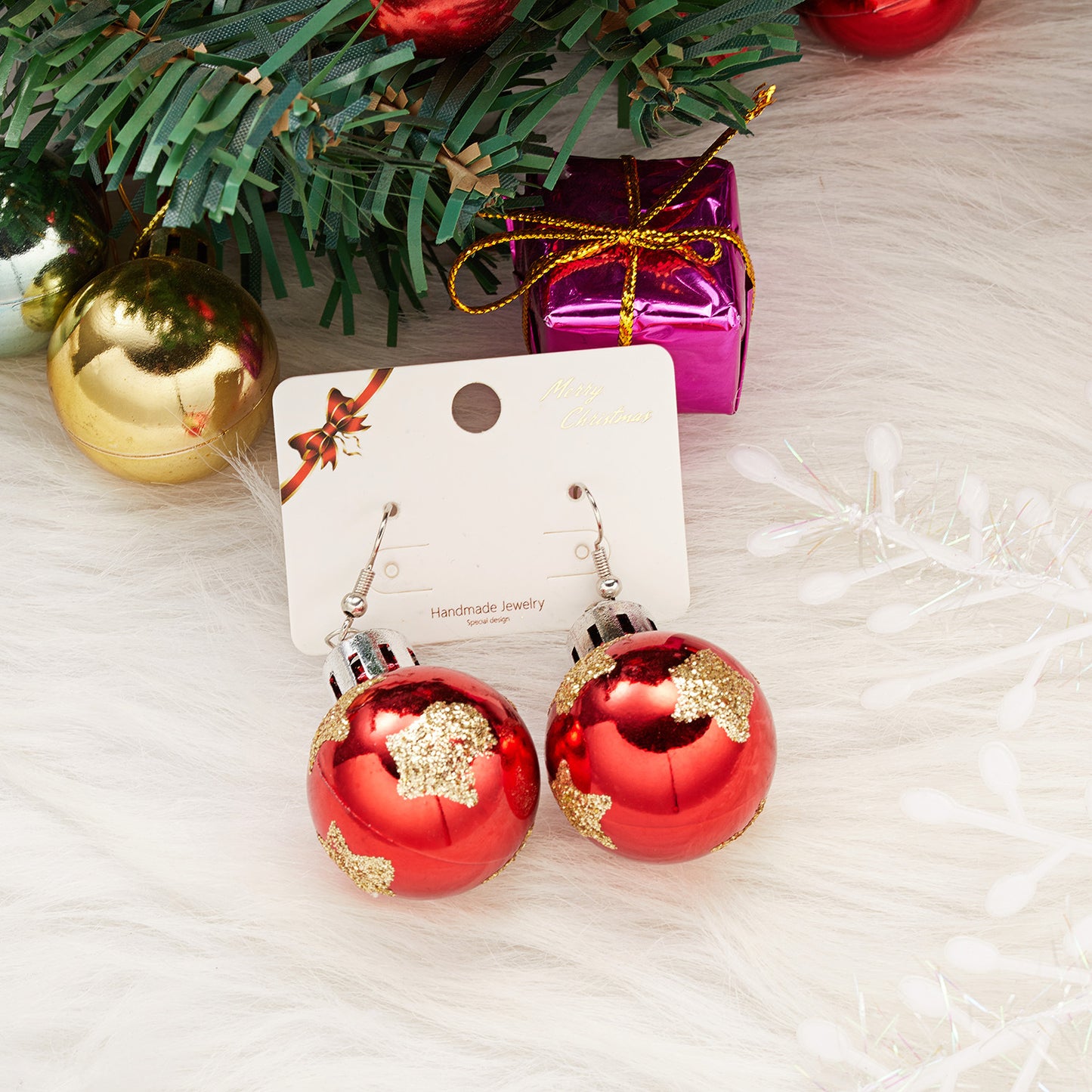 Round Ball Fashion Christmas Bulb Snowflake Earrings