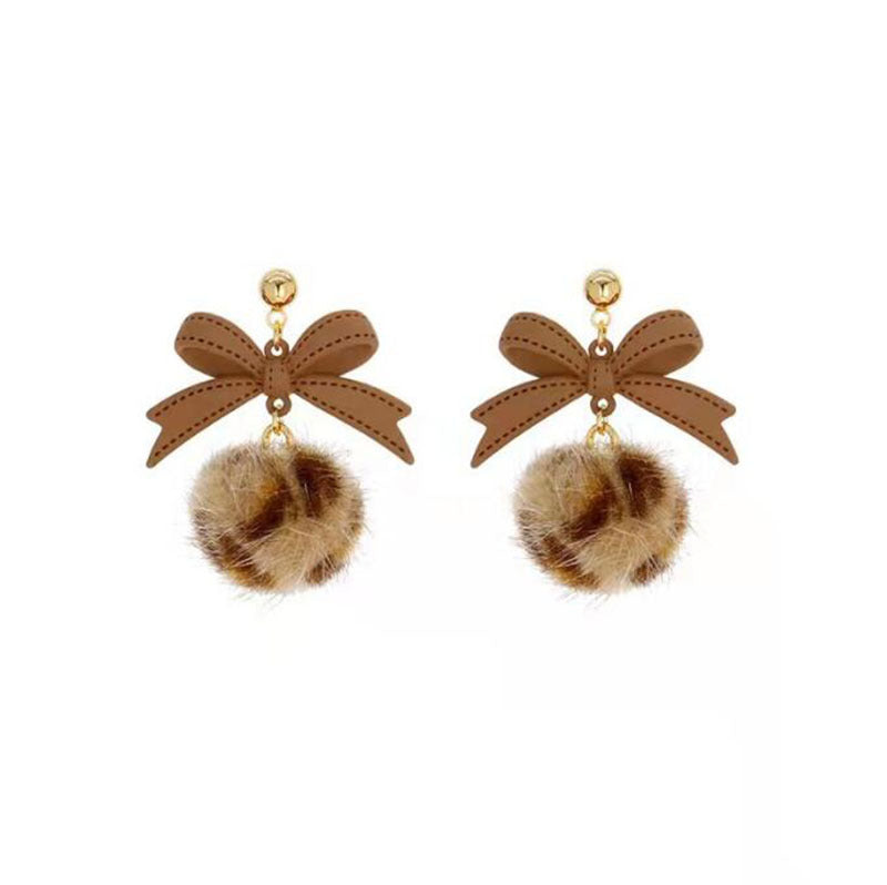 Sier Bow Fluffy Ball Elegant High-grade Earrings