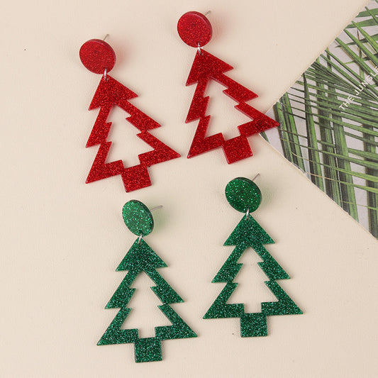 Women's Christmas Asymmetric Tree Acrylic Fashion Personality Hollow Earrings