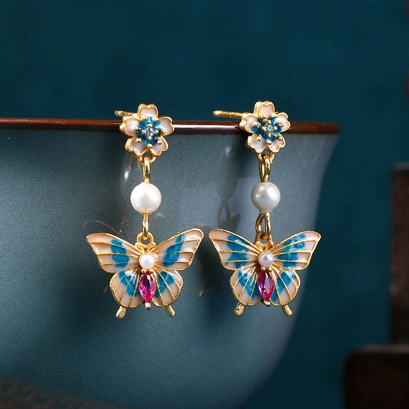 Chinese Style Enamel Gradient Butterfly Sier Needle Rings